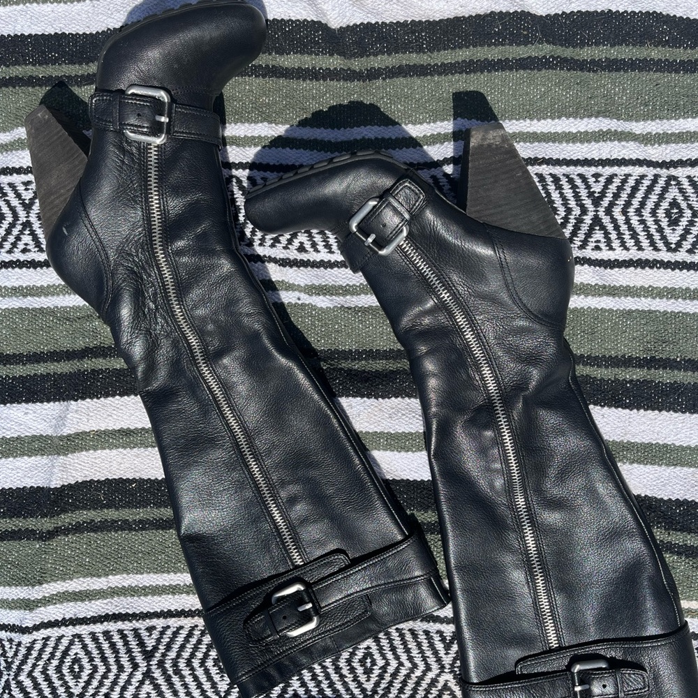 Black Leather Patch Knee High Boot